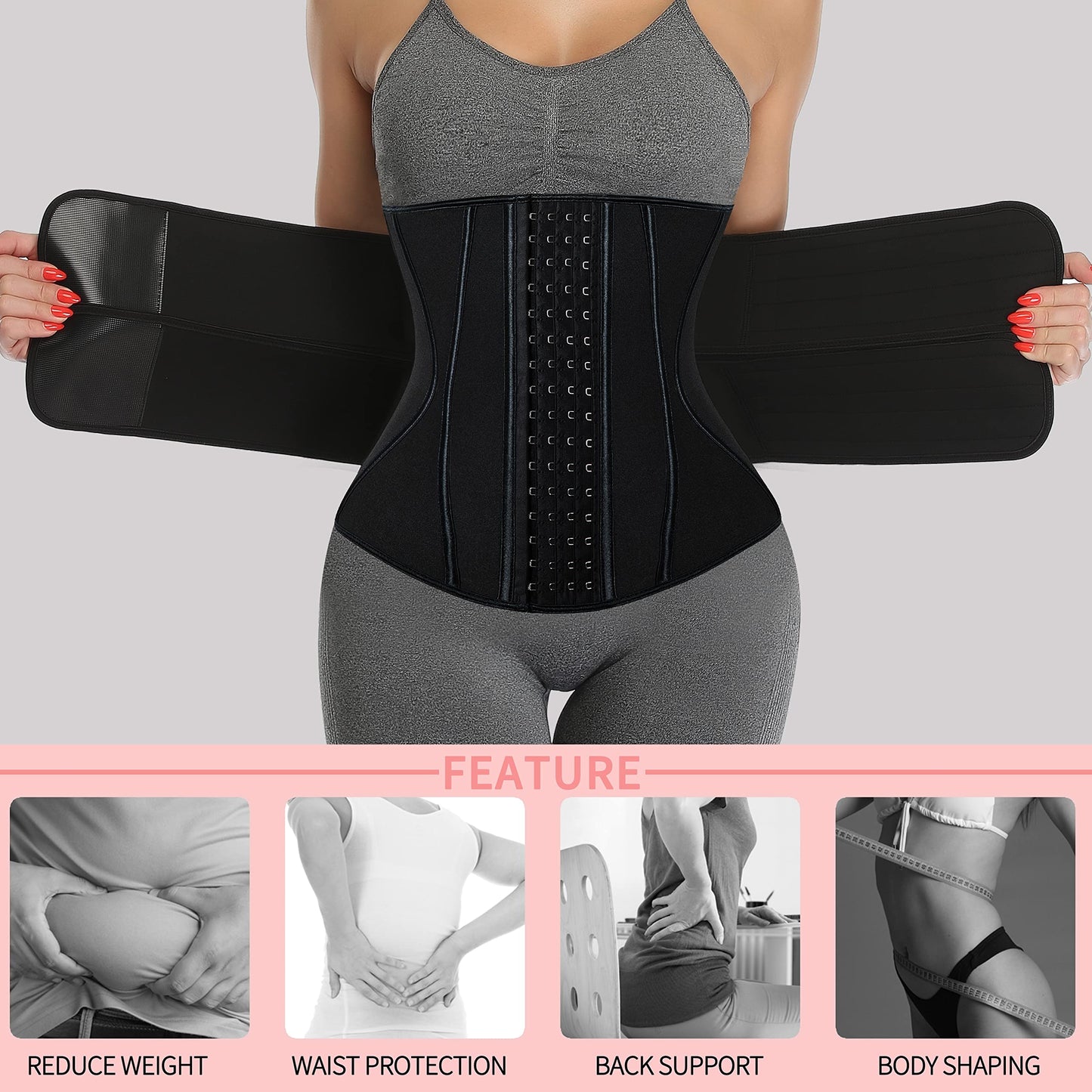KIWI RATA Neoprene Sauna Waist Trainer Corset Sweat Belt with 2 Straps for Women X-bones Compression Workout Fitness Double Cincher Belts,#3 Hooks Black,X-Small