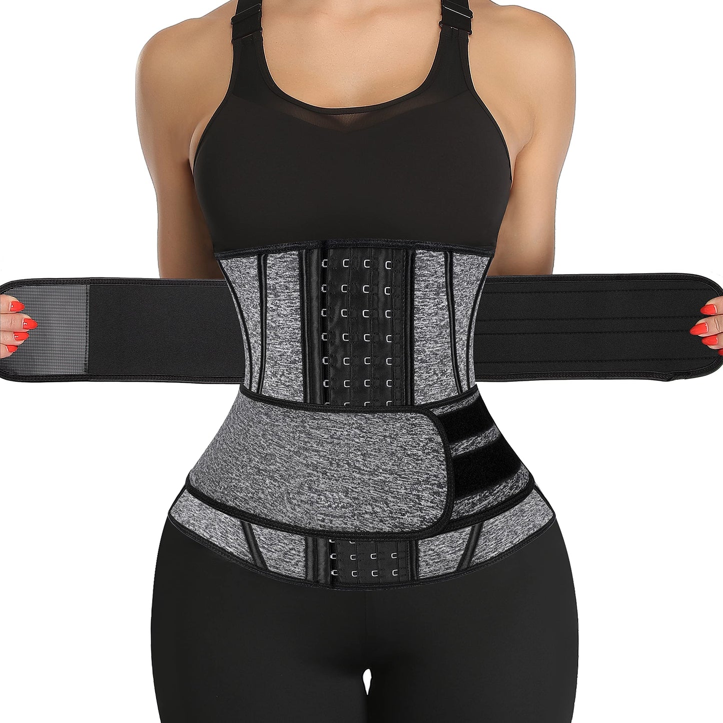 KIWI RATA Neoprene Sauna Waist Trainer Corset Sweat Belt with 2 Straps for Women X-bones Compression Workout Fitness Double Trimmer Belts,#3 Hooks Grey,X-Small