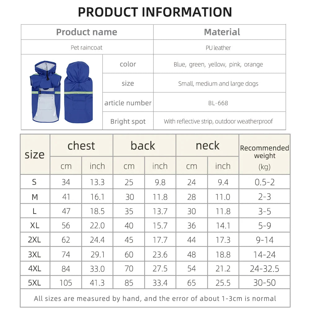 Large Dog Raincoat Waterproof Cloak
